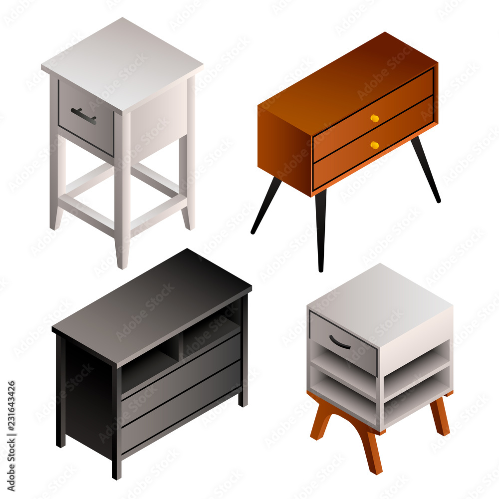 Poster nightstand icon set. isometric set of nightstand vector icons for web design isolated on white backg