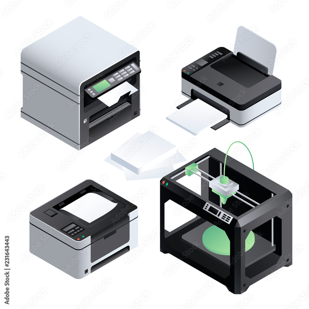 Poster printer icon set. isometric set of printer vector icons for web design isolated on white background