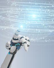White robot hand using digital sphere connection hologram 3D rendering