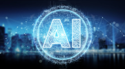 Digital artificial intelligence text hologram 3D rendering