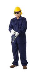 portrait of a worker in Mechanic Jumpsuit is Removing gloves isolated on white background