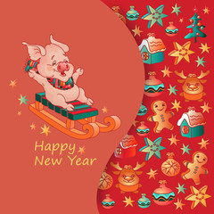 Happy New Year. Pig and Christmas toys. Vector.