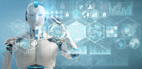 White male cyborg using digital datas interface 3D rendering