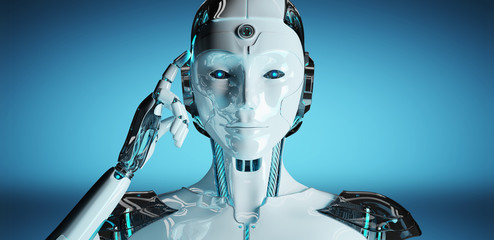 White woman cyborg thinking and touching her head 3D rendering