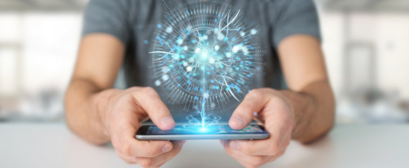 Businessman using digital eye surveillance hologram 3D rendering