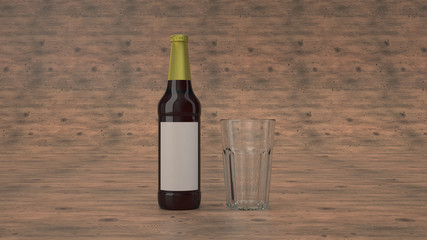 Mock up of beer bottle and an empty glass