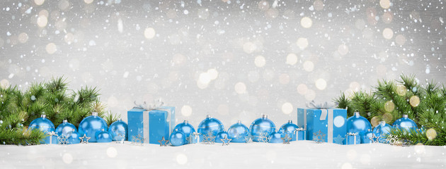 Blue christmas baubles and gifts lined up 3D rendering