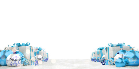 Blue christmas baubles and gifts lined up 3D rendering