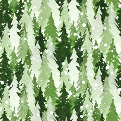 Wallpaper murals Forest Seamless watercolor pattern with green pine trees and snow. Christmas and New Year decoration