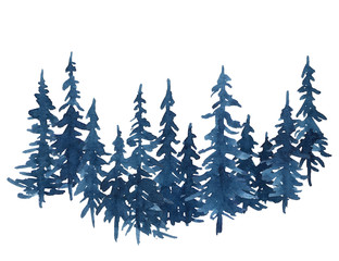 Fototapeta premium Watercolor indigo blue group of pine trees. Christmas and New Year illustration