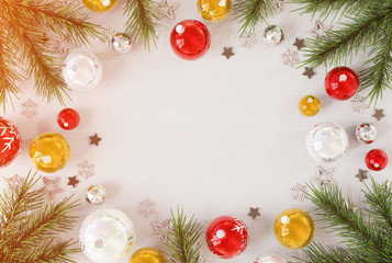 Christmas card mockup with red baubles 3D rendering