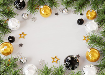 Christmas card mockup with golden baubles 3D rendering