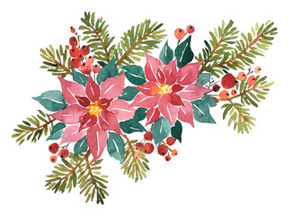 Watercolor floral arrangement of Christmas evergreens. Poinsettia, spruce and red berries