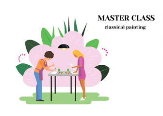 Vector flat  illustration of two woman  who paints a picture. Classic painting master class. Creative workshop.