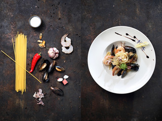 Makaron krewetki, małże, ośmiorniczki, ślimaki, paluszki krabowe, czosnek i papryczka. © foodandcook