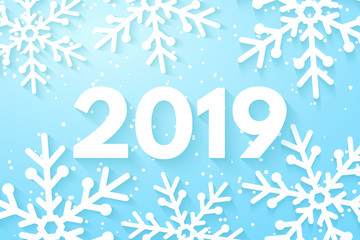 Happy New Year 2019 background. Snowflakes cut out of paper. Merry Christmas and Happy New Year. Template for your design. Vector illustration