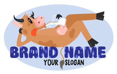 Funny cartoon cow lies on the letters and drinks milk. Cow milk farm logo design vector template. Fresh organic meat farmer products Logotype concept icon. For Food logo, Milk, Cheese, Yogurt product.