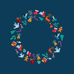 Merry Christmas. Festive round frame for the New Year in doodle style on blue background.