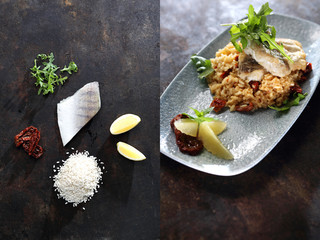 Sandacz na risotto w kompozycji z poszczególnymi składnikami do przygotowania potrawy. Sandacz, ryż, suszone pomidory, cytryna, zioła - obrazy, fototapety, plakaty