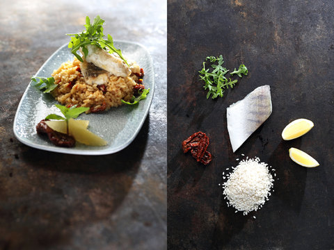 Potrawa z rybą w kompozycji z poszczeg&oacute;lnymi składnikami do przygotowania potrawy. Sandacz, ryż, suszone pomidory, cytryna, zioła