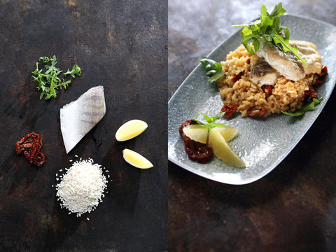 Sandacz na risotto w kompozycji z poszczeg&oacute;lnymi składnikami do przygotowania potrawy. Sandacz, ryż, suszone pomidory, cytryna, zioła