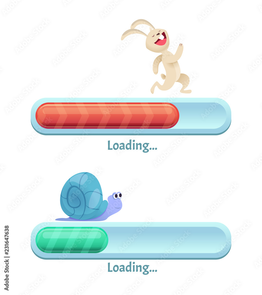 Poster fast download bar. business concept of computer internet conection type quick rabbit and slow snail 