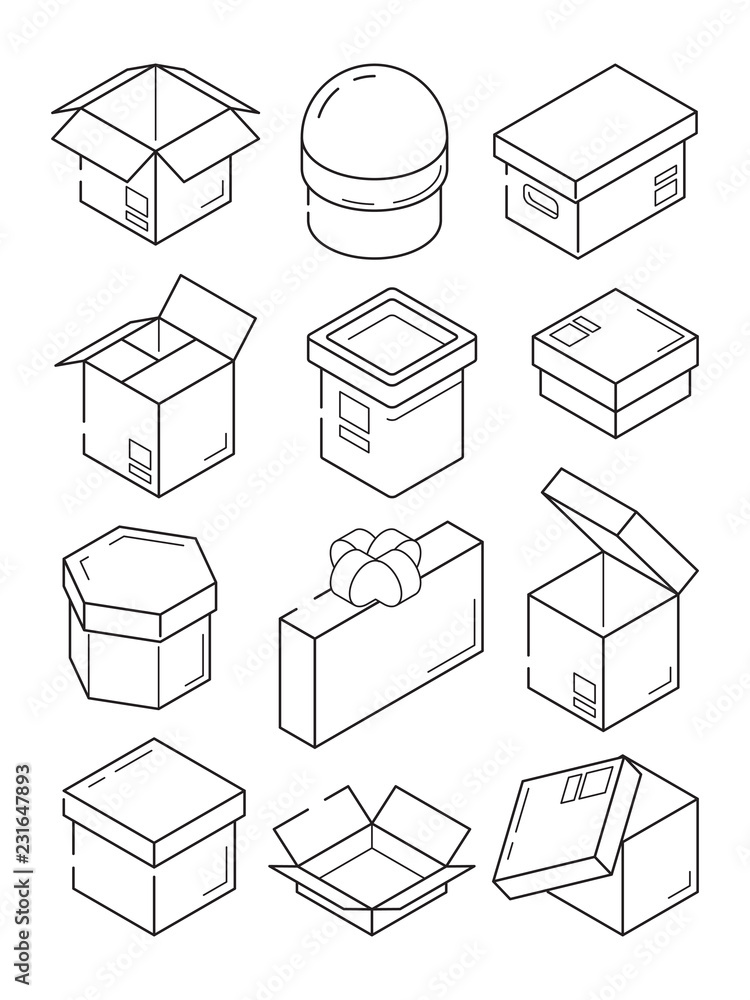 Poster box isometric icon. cardboard export package container small present with bow vector outline symbols
