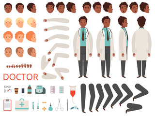 Medic animation. Doctor characters hospital medicine staff body parts and clothes vector creation kit. Doctor man constructor generator illustration