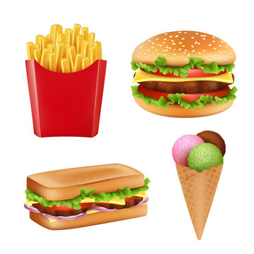 Fast food pictures. Hamburger sandwich fries icecream and cold drinks bread 3d realistic vector illustrations isolated. Ice cream and burger isolated on white