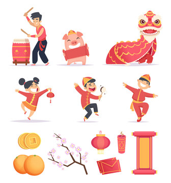 Asian new year. Happy chinese people celebrate 2019 with traditional symbols dragons lantern firecrackers vector pictures. Illustration of elements for chinese new year pig, dance festival china