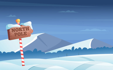 North pole road sign. Snowy background with snow trees night woods wonderland winter holidays vector cartoon illustration. North pole road snow, christmas holiday winter - obrazy, fototapety, plakaty