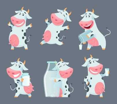 Cow cartoon. Cute farm milk animal character in various action poses vector funny mascot. Illustration of farm cow animal with milk bottle
