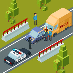 Accident on city road. Polices car and disasters vector isometric urban scene. Illustration of road car accident street