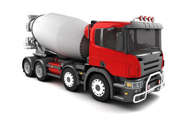 Obraz na płótnie Canvas Front side view of concrete mixer truck isolated on white background. Right side view. Perspective. 3d illustration.