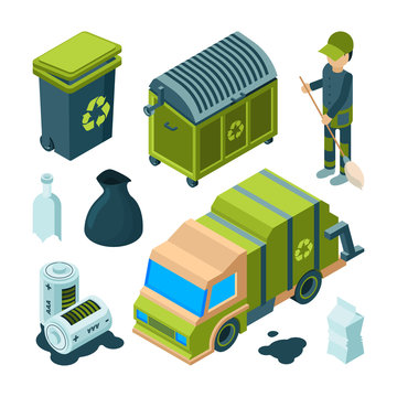 Garbage Recycling Isometric. City Cleaning Service Truck Urban Incinerator Utility Bin With Waste Vector 3d Collection. Illustration Of Trash And Waste, Janitor And Cargo Machine