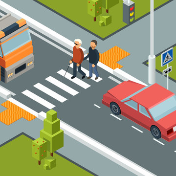 Care person crossing street. Urban city crosswalk of disabilities man with helper vector isometric concept. Care blind person cross road illustration