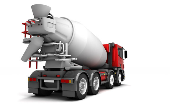 Rear view of concrete mixer truck isolated on white background. Right side. Perspective. 3d illustration.