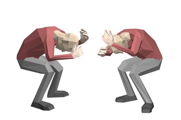 Low poly man hides himself. Isolated on white background.