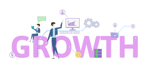 GROWTH word concept. Concept table with people, letters and icons. Colored flat vector illustration on white background.