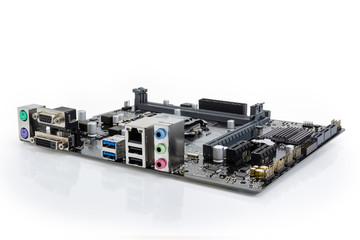 Motherboard of a desktop close-up on a white background