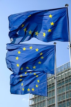 European flags in front of the Berlaymont building, European Commission Brussels, Belgium, Europe