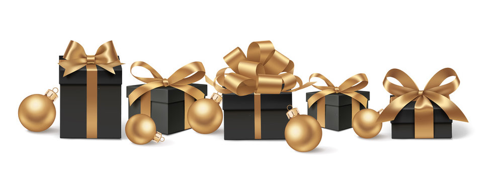 Set of decorative black gift boxes with golden bows and gold Christmas balls isolated on white for New Year Sale design. Vector illustration