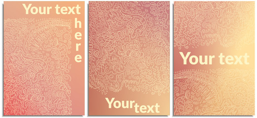 Vector set of posters, covers with manual pattern of curved lines, geometric various patterns in the technique of doodles and zenart, continuous, monophonic on a soft color, purple and pink background