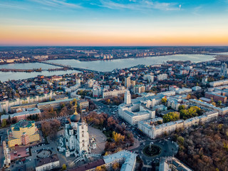 Evening autumn Voronezh, aerial view from drone to central part of Voronezh downtown