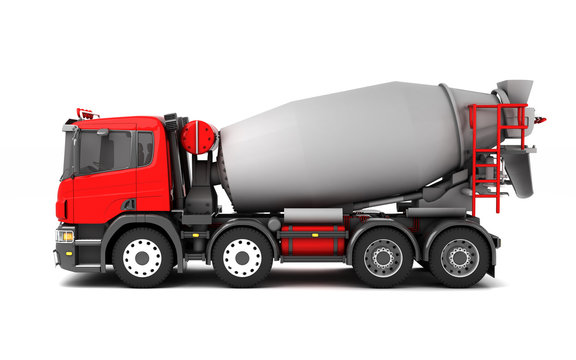 Left side view of concrete mixer truck isolated on white background. 3d illustration.