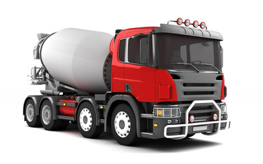 Front side view of concrete mixer truck isolated on white background. Right side view. Perspective. 3d illustration.
