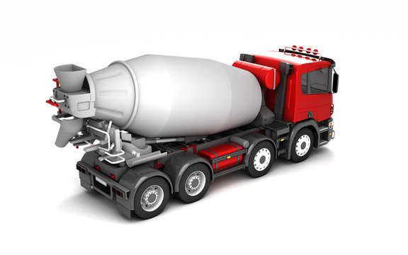 Rear view of concrete mixer truck isolated on white background. High angle view. Right side. Perspective. 3d illustration.