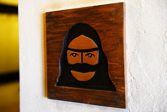 Toilet sign with veiled woman, symbol, Ras al Khaimah, United Arab Emirates, Asia