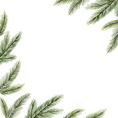 Watercolor vector Christmas frame with fir branches and place for text.