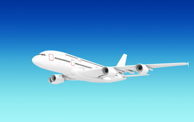 Airplane Airbus A380 isolated on blue background. Front bottom view. Left side view. Flying from right to left. 3D illustration.
